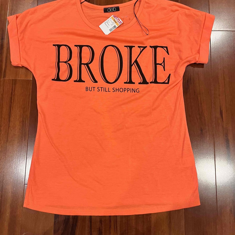 New NWT Deb Neon Orange T Shirt‎ Short Sleeves Tee Crew Neck Graphic Size Small